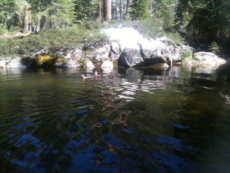 Adele swimming in the deep pool on the Stanislaus River, Kegger Backpack 2010