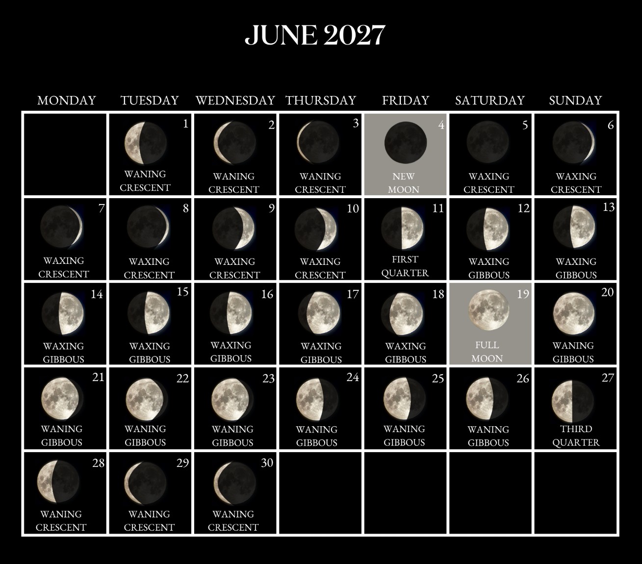 June 2027 moon phase calendar showing Full Moon on June 19 and New Moon on June 4
