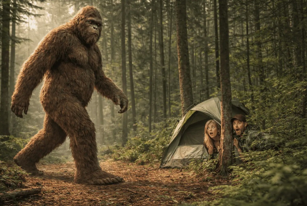 Bigfoot walking through a misty forest past two campers hiding in a tent