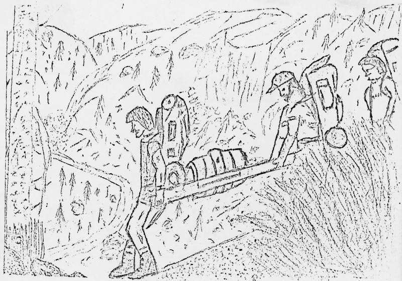 Pencil sketch illustration of hikers carrying a keg on a stretcher through mountain terrain