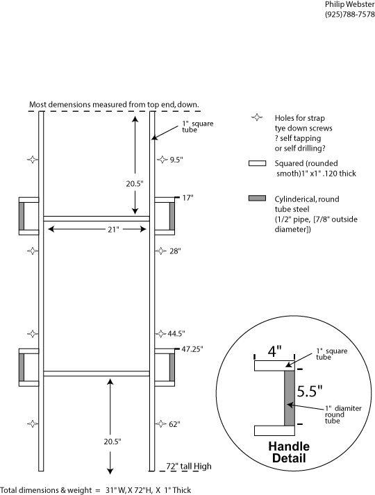Philip Webster's engineering drawing of the steel keg stretcher — dimensioned technical drawing